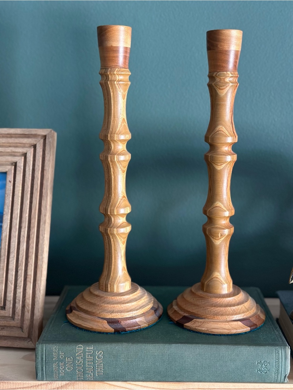 Wood Turned Candlestick Pair - Natural Wood Finish